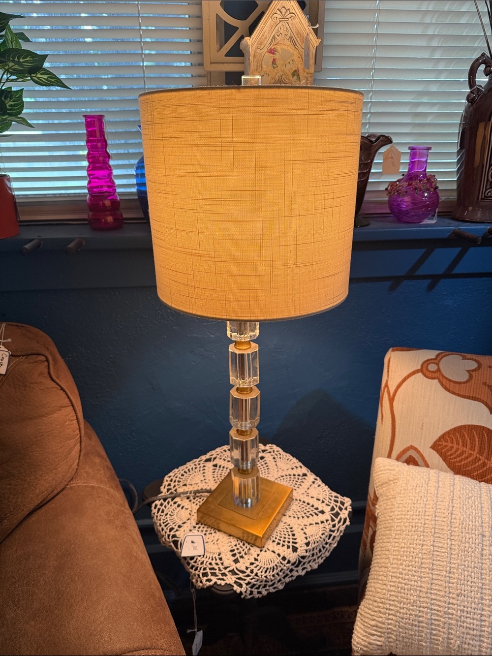 Glass and Gold Accent Table Lamp with Beige Shade